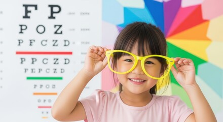 smiling cute little asian girl wearing oversized yellow glasses in front of eye chart with colorful background. concept of vision care and education. optometry, children's health