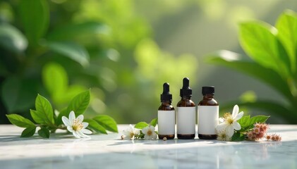 Elegant homeopathic remedies displayed on a marble surface, surrounded by lush greenery and soft lighting, conveying a sense of refined wellness ,  marble,  refined