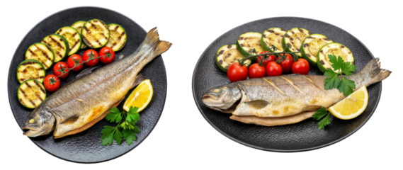 two plates of delicious cooked trout with grilled zucchini, tomatoes, and lemon