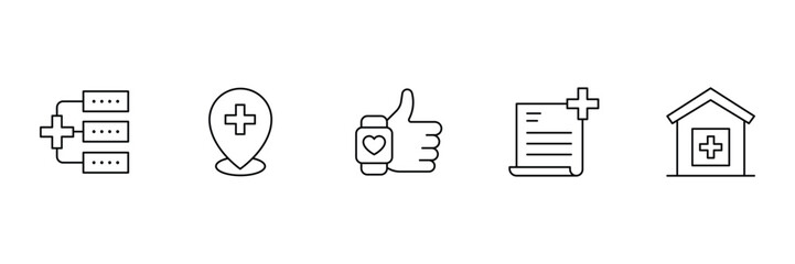 Healthcare structure, medical location, wellness tracker, patient feedback, health document, hospital service plan icon vector illustration set.