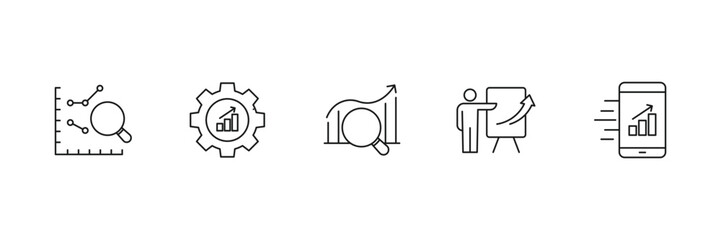 Business analytics, mobile graph insight, magnifying growth data, performance tracking, strategy presentation icon vector illustration set for digital evaluation.