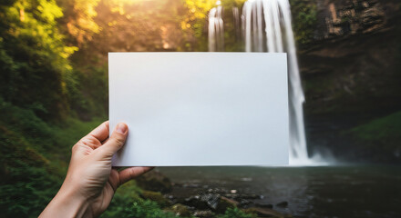 Blank paper held in hand against a waterfall backdrop.