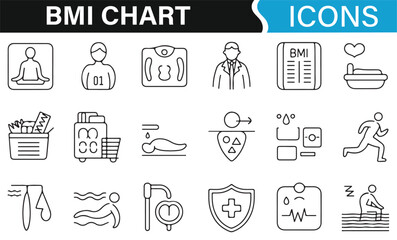 Icons for BMI health chart with food, exercise, and wellness symbols