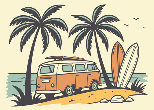 Retro Surfer Lifestyle Illustration with Vintage Beach Van, Palm Trees, Surfboards, and Ocean Scenery