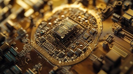 Detailed View of Intricate Golden Circuit Board Computer Technology