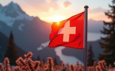 Swiss flag flutters amid ethereal alpine glow, capturing National Day essence, evoking Heidi tales and alpine folk traditions. High quality