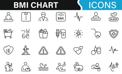 Health and wellness icons representing BMI, fitness, and exercise