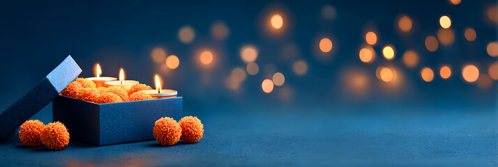 Illuminated diwali celebration with glowing diyas and marigold flowers in a dark moody setting with bokeh lights