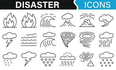Set of environmental disaster icons for fire, storm, and earthquake hazards