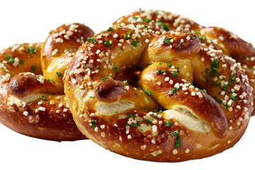 Fototapeta premium Delicious, freshly baked soft pretzels topped with cheese and herbs.