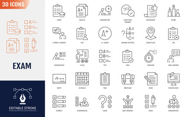 Exam Editable Icons set. Containing questionnaire, test results, answer, and more. Vector illustration