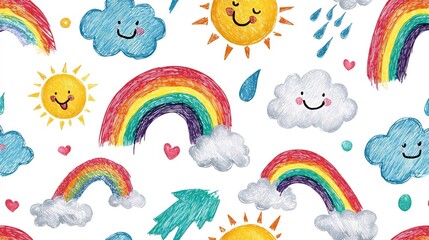 Seamless Pattern with Hand-Drawn Rainbows, Smiling Sun, Clouds, and Raindrops on White Background