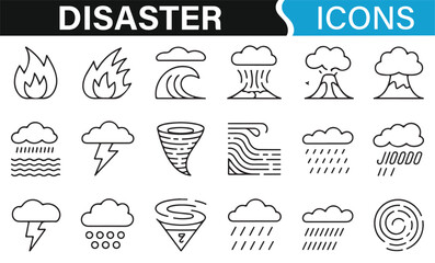 Icon set representing natural disasters such as floods, earthquakes, and lightning