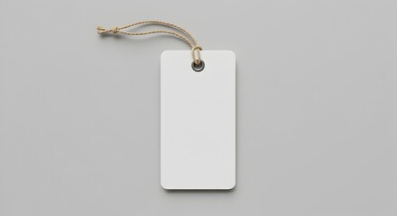 Blank White Rectangle Tag Mockup with Jute String on Light Grey Background