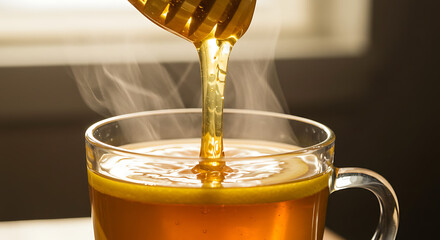 Hot Lemon Honey Tea with Steam in a Glass Cup
