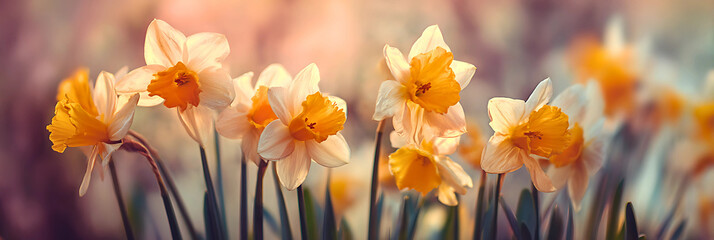 Soft focus close up of delicate white and yellow daffodils blooming in gentle sunlight creating a dreamy spring garden atmosphere