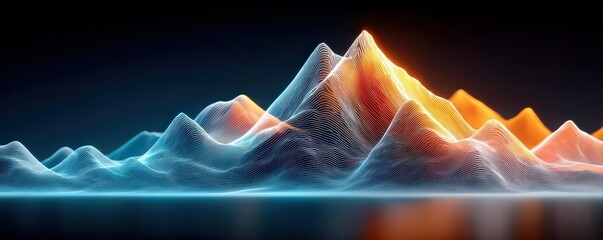 Minimal concept of Futuristic background, elevation lines flowing into layered virtual mountain, soft edge light over polygon map texture, abstract depth with innovation visual cues, complex yet