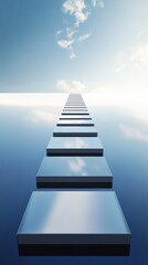 Floating rectangular steps stretch into a reflective sky, symbolizing progress or dreams