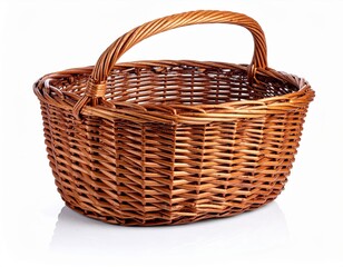 Obraz premium Rustic wicker basket with handle, ideal for storage, picnics, home decor, and gift baskets