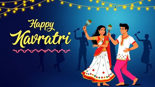 Dancing Dandiya couple at Navratri, Happy Durga Puja and Dussehra