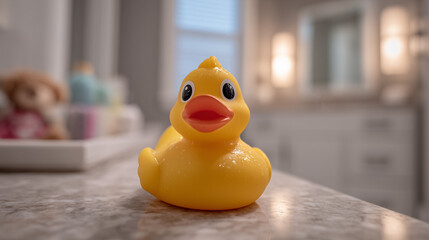 Yellow rubber duck toy placed in a bathroom.