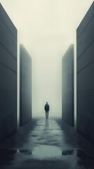 Lone man walks into fog between dark concrete walls