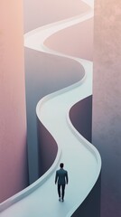 Man walking a winding path through tall pastel walls in a surreal scene