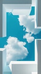 Geometric buildings frame a blue sky with clouds in a minimal design