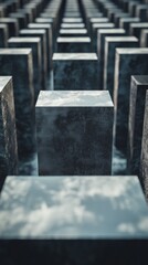 Grid of tall stone blocks with a moody, reflective atmosphere