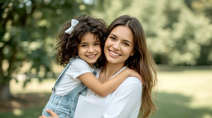 Fototapeta premium Warm and joyful outdoor portrait of a diverse mother and daughter embracing. The daughter, with curly dark hair and wearing light blue overalls over a white top with a white bow in her hair