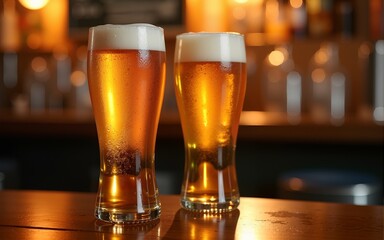 Cold glasses of beer in a bar. International beer day. High quality