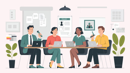 Creative business team collaborating in cozy meeting room with laptops and microphones, sharing ideas in relaxed, personalized workspace.