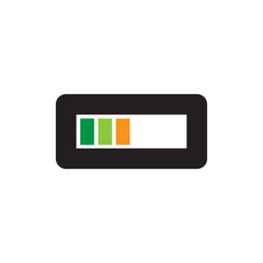 Battery level indicator. Charging power symbol. Green orange bars. Vector energy display.