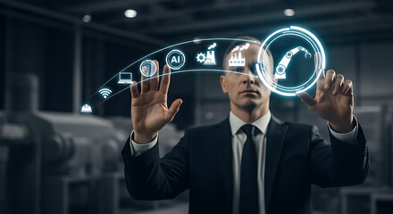 Geschäftsmann interagiert mit Industrie 4.0 Icons und Robotersymbol