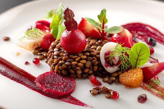 Exquisite beet and lentil salad artfully plated with vibrant greens and fresh berries, a gourmet delight for discerning palates.