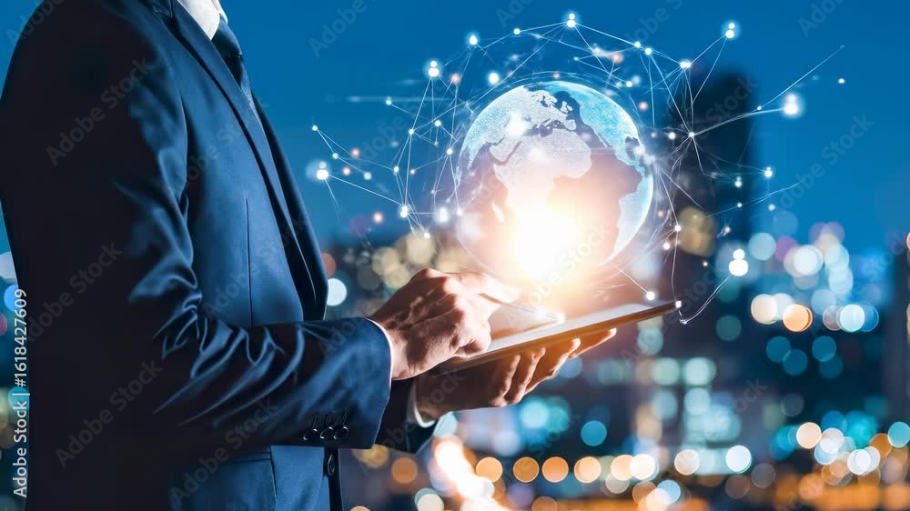 Poster businessman holds a digital tablet displaying a glowing globe and network connection, symbolizing gl
