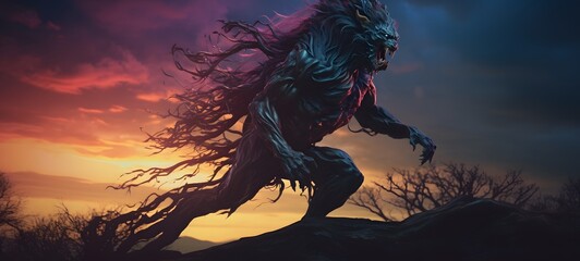 A haunted gothic lycan dryad perched on a wind-swept hill art, generative ai