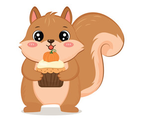 Cute Cartoon Squirrel Holding Pumpkin Cupcake 