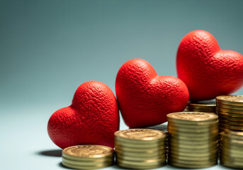 Growing wealth and love represented by stacked coins and red hearts