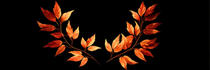 Elegant autumnal wreath with vibrant orange leaves against a deep black background