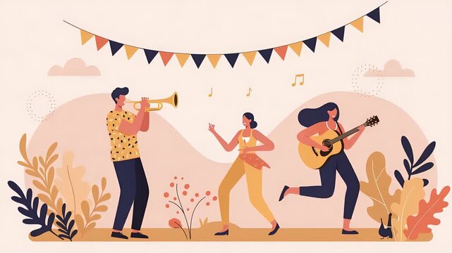 Musicians Performing Together in a Colorful Outdoor Festival Scene