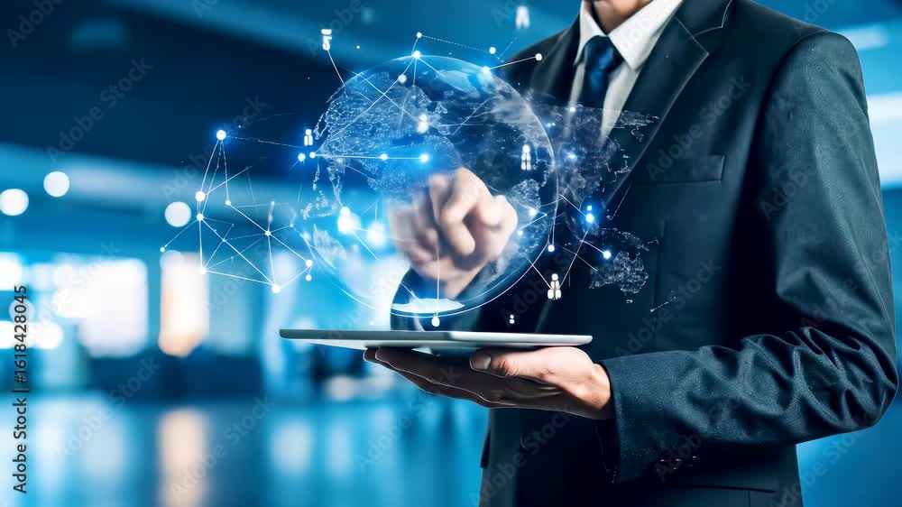 Poster businessman holds a digital tablet displaying a glowing globe and network connection, symbolizing gl