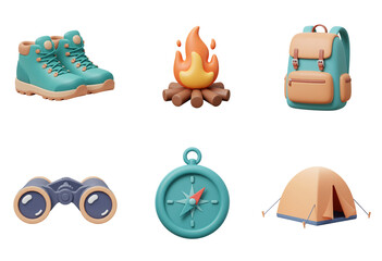 Outdoor camping gear set including boots, tent, binoculars, compass, and backpack  