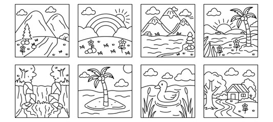 Vector Set of Coloring Pages for Kids and Adults Line Art Black and White Illustrations