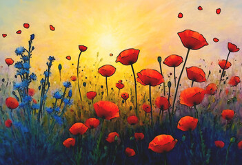 Obraz premium Watercolor illustration of vibrant red wildflowers basking in sunlight, perfect for nature-inspired and seasonal designs.