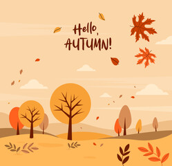 Hello Autumn. Autumnal landscape with trees and falling leaves poster. Minimal flat fall square background. Vector illustration. Perfect for seasonal banners. Not AI