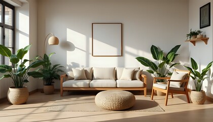 eco friendly living room with natural textures, green indoor plants, sustainable decor, earthy design, wooden furniture, soft ambient lighting