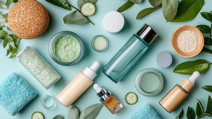 Natural skincare products arranged flat lay style with leaves and fresh ingredients