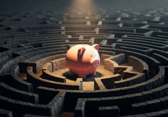 Piggy bank in the center of a dark maze with a spotlight