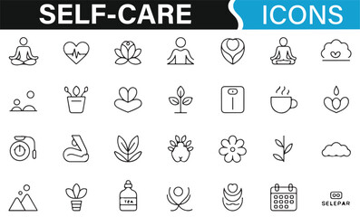 Holistic wellness icons for relaxation, self-love, and healthy habits